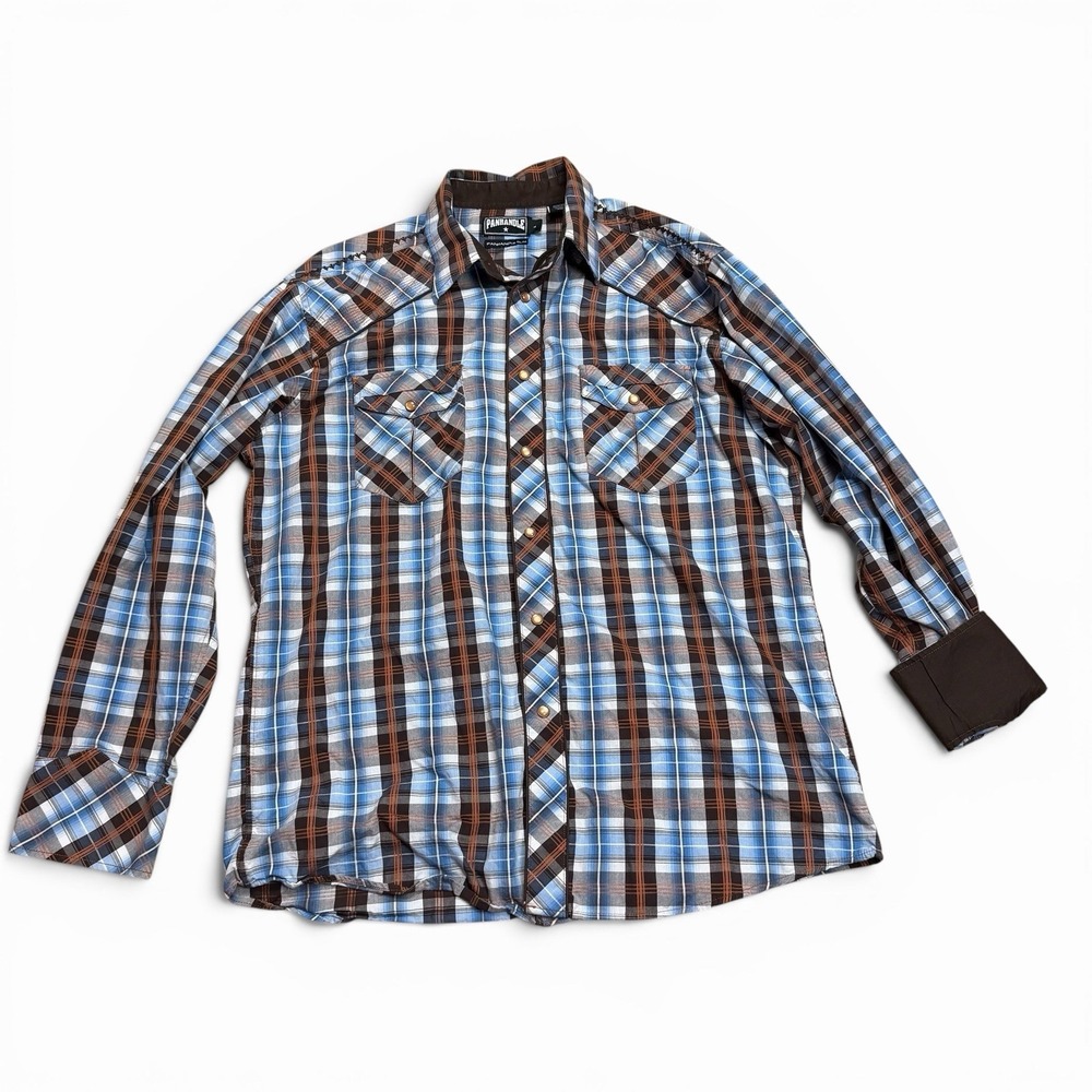 Panhandle Slim Large Shirt Western Texas Plaid Blue Brown Pearl Snaps 90 Proof - Picture 5 of 13